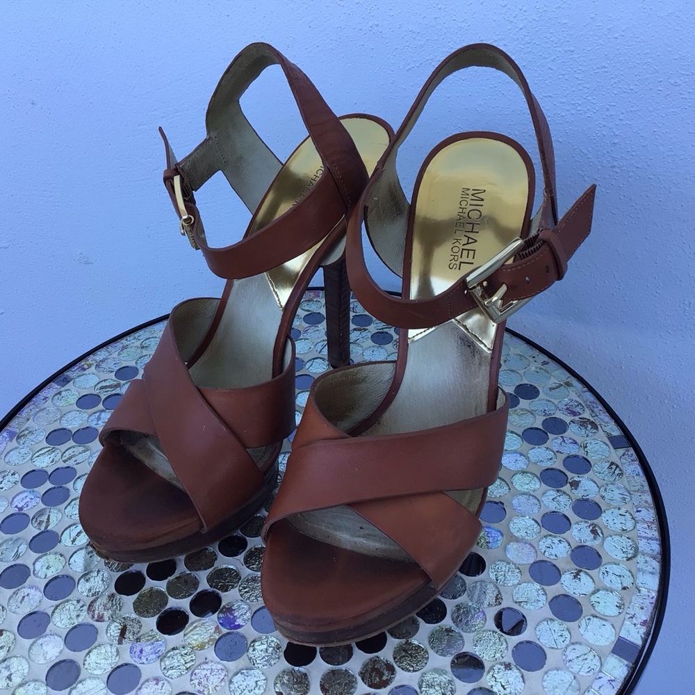 Michael Kors Women's Leather High Heeled Strappy Sandals with Signature Hardware - Picture 3 of 15